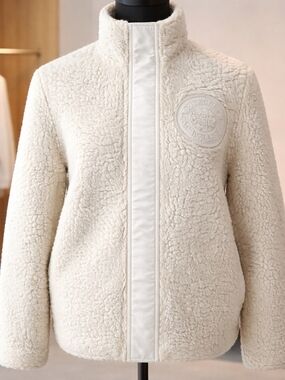 BURBERRY BUSHLEY Logo Embroider Fleece Sherpa Jacket Teddy Fur Coat Size 0